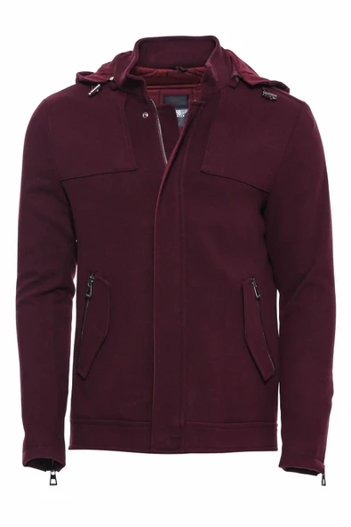 Kol Fermuarlı Kapşonlu Bordo Erkek Kaban - Wessi ürün görseli 1