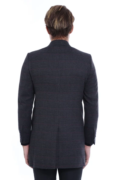 Geniş Sivri Yaka Ekose Antrasit Erkek Kısa Palto - Wessi - Resim 4