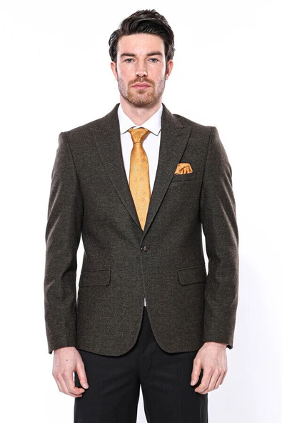 Sivri Yaka Tek Düğme Haki Slim Fit Ceket | Wessi - Resim 5