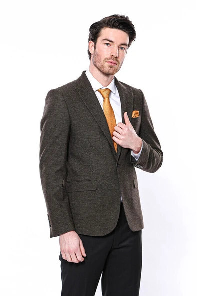 Sivri Yaka Tek Düğme Haki Slim Fit Ceket | Wessi - Resim 3