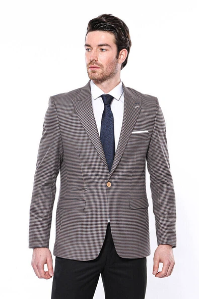 Kendinden Desenli Slim Fit Lacivert Ceket - Wessi - Resim 3