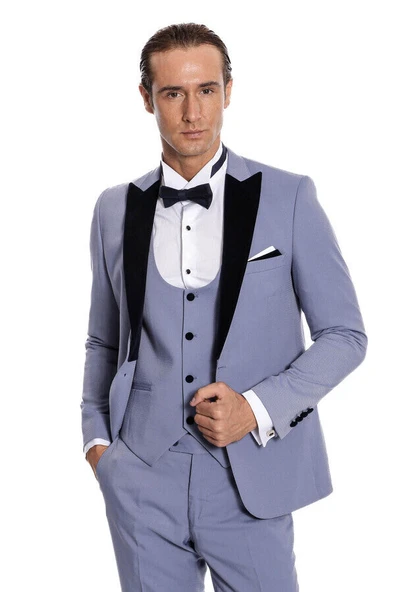 Kadife Yaka Slim Fit Açık Mavi Erkek Damatlık - Wessi - Resim 3