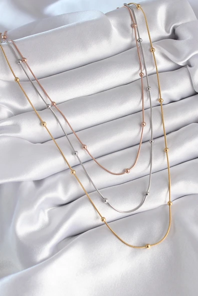 316L Çelik Mix Renk 3'lü Topçuk Detay Kadın Kolye - TJ-BKO8314 - Resim 3