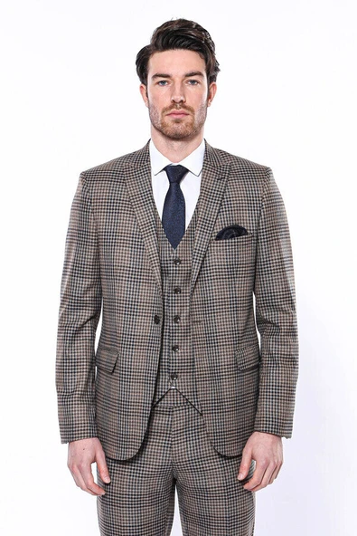 Kare Desenli Slim Fit Kahverengi Erkek Ceket - Wessi - Resim 3