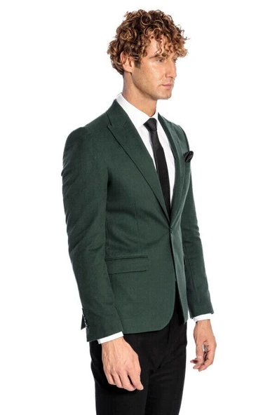 Sivri Yaka Tek Düğme Desensiz Yeşil Erkek Ceket - Wessi - Resim 9