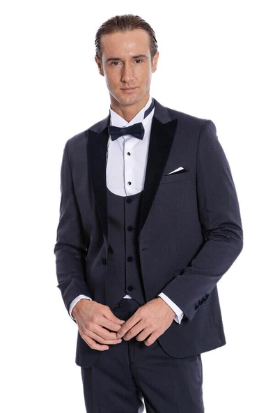 Velvet Yakalı Slim Fit Lacivert Erkek Damatlık - Wessi - Resim 5