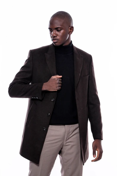 Geniş Yaka Diz Üstü Kahverengi Erkek Palto - Wessi - Resim 7