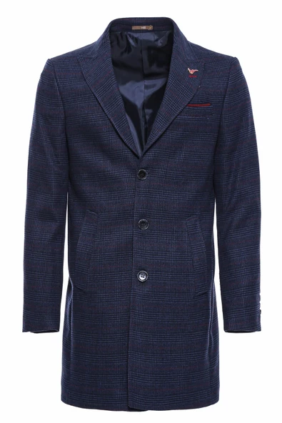 Geniş Sivri Yaka Ekose Mavi Erkek Kısa Palto - Wessi ürün görseli 1