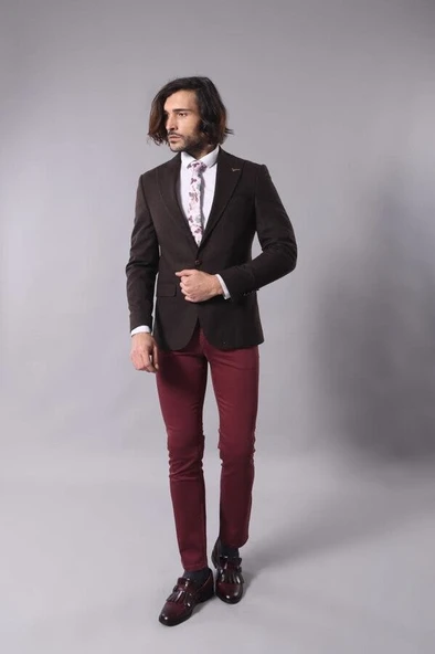 Tek Düğme Sivri Yaka Kahverengi Ceket - Wessi - Resim 4