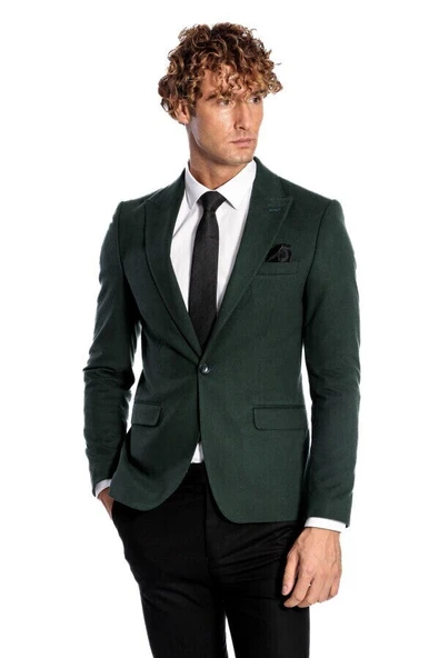 Sivri Yaka Tek Düğme Desensiz Yeşil Erkek Ceket - Wessi - Resim 4