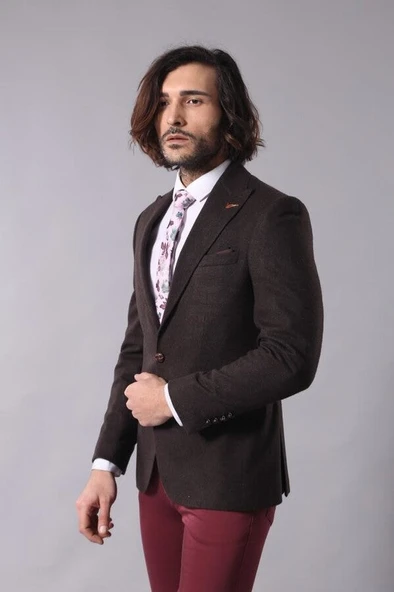 Tek Düğme Sivri Yaka Kahverengi Ceket - Wessi - Resim 3