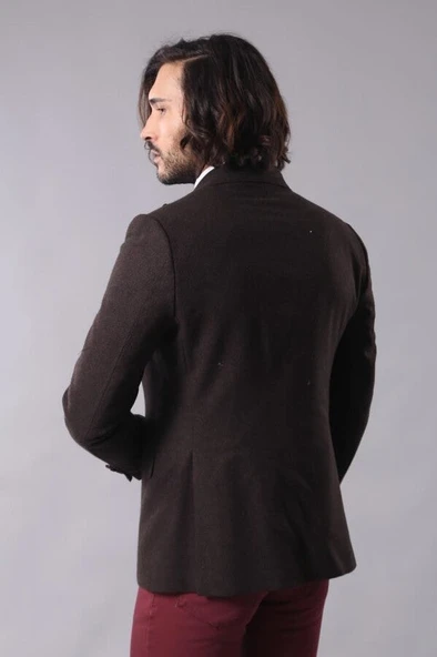 Tek Düğme Sivri Yaka Kahverengi Ceket - Wessi - Resim 5