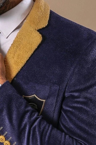 Armalı İçi Kürklü Lacivert Velvet Ceket | Wessi - Resim 2