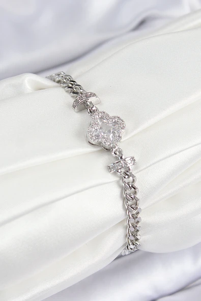 Pirinç Zirkon Taşlı Yonca Model Gümüş Renk Kadın Bileklik - TJ-BB7538 ürün görseli 1