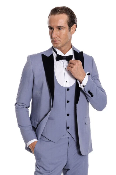 Kadife Yaka Slim Fit Açık Mavi Erkek Damatlık - Wessi - Resim 5