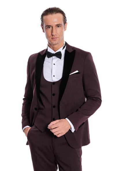Kadife Yaka Slim Fit Bordo Erkek Damatlık - Wessi - Resim 4