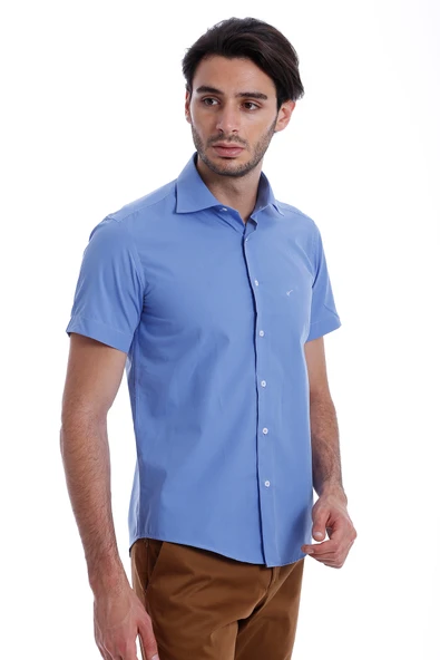 Kısa Kollu Terikoton Slim Fit Mavi Erkek Gömlek - Wessi - Resim 3