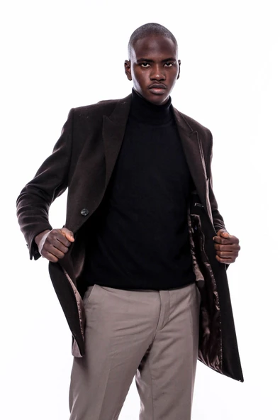 Geniş Yaka Diz Üstü Kahverengi Erkek Palto - Wessi - Resim 6