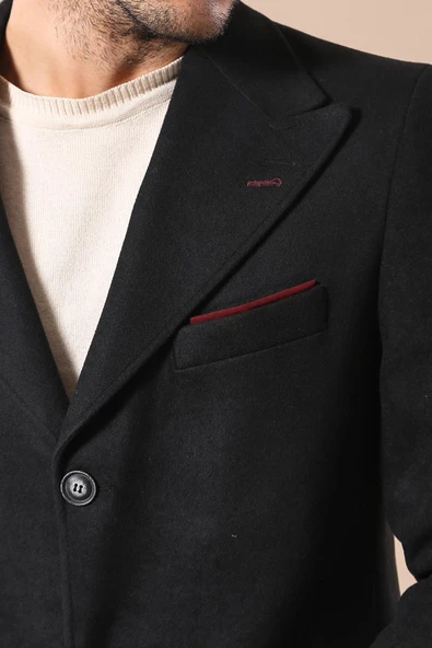 Geniş Yaka Diz Üstü Siyah Erkek Palto - Wessi - Resim 2