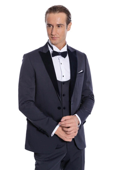 Velvet Yakalı Slim Fit Lacivert Erkek Damatlık - Wessi - Resim 3