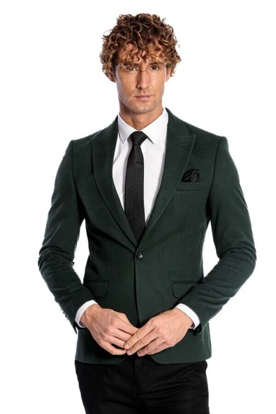 Sivri Yaka Tek Düğme Desensiz Yeşil Erkek Ceket - Wessi - Resim 6