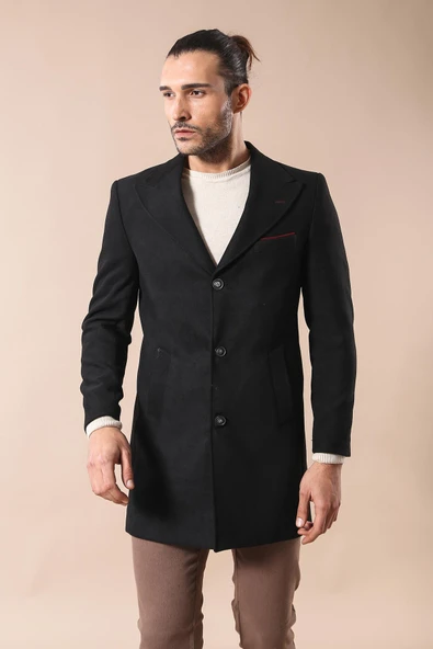 Geniş Yaka Diz Üstü Siyah Erkek Palto - Wessi - Resim 3