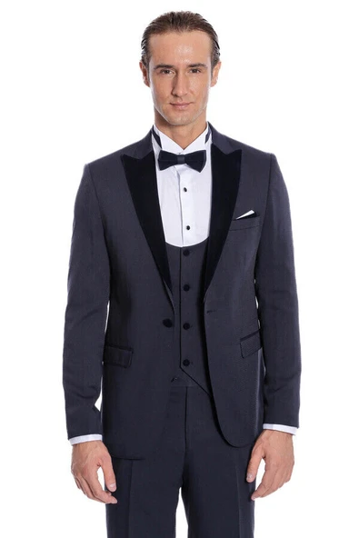 Velvet Yakalı Slim Fit Lacivert Erkek Damatlık - Wessi - Resim 9