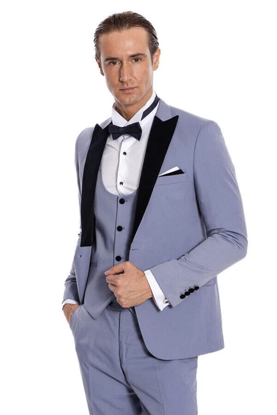 Kadife Yaka Slim Fit Açık Mavi Erkek Damatlık - Wessi - Resim 7