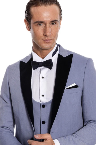 Kadife Yaka Slim Fit Açık Mavi Erkek Damatlık - Wessi - Resim 2