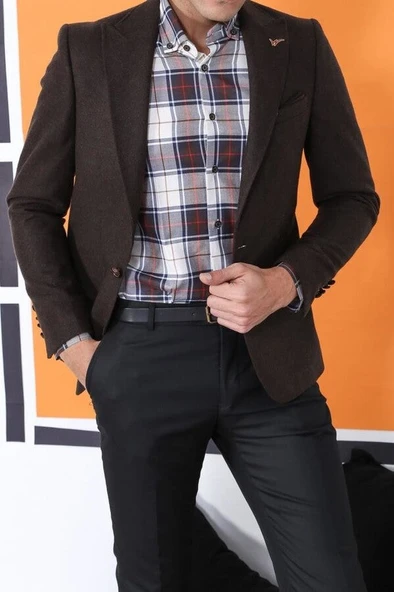 Tek Düğme Sivri Yaka Kahverengi Ceket - Wessi - Resim 6