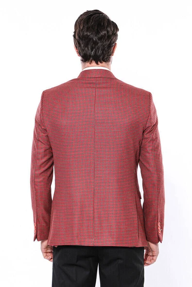 Kendinden Desenli Slim Fit Bordo Ceket - Wessi - Resim 8