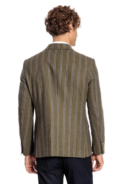Geniş Yaka Çizgili Kruvaze Yeşil Yün Erkek Ceket - Wessi - Resim 10