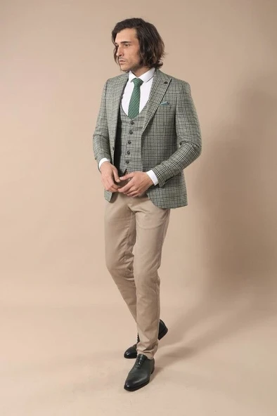 Ekose Haki Ceket Yelek Set - Wessi - Resim 4