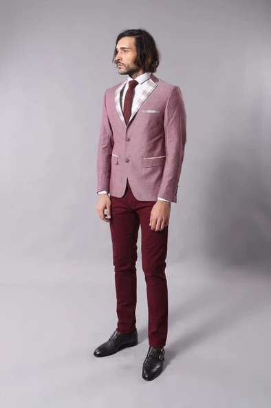 Yaka Ve Cep Ekose Garnili Bordo Ceket - Wessi - Resim 4