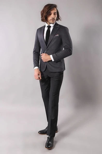 Tek Düğme Çift Yırtmaç Sivri Yaka Lacivert Ceket - Wessi - Resim 4