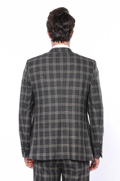 Ekose Desenli Slim Fit Siyah Erkek Ceket - Wessi - Resim 6