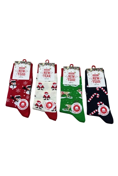 Yılbaşı Temalı Unisex Çorap Seti 4’lü – Noel Baba, Kardan Adam & Şeker Kamışı Desenli | 36-42 - Resim 11