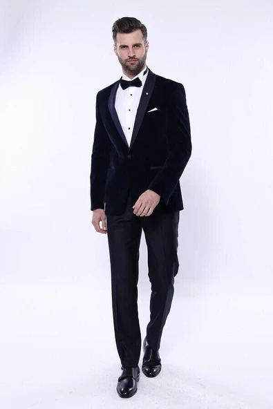 Düz Lacivert Velvet Ceket - Wessi - Resim 5