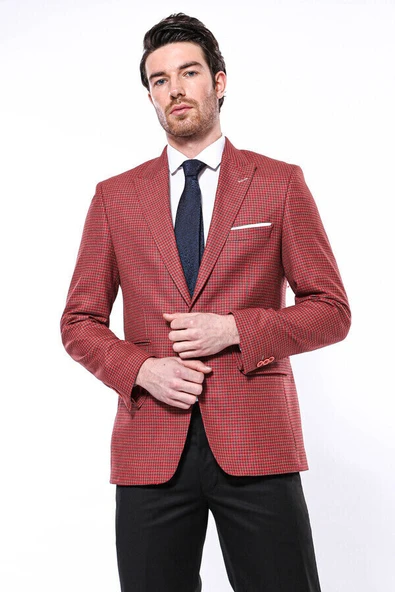 Kendinden Desenli Slim Fit Bordo Ceket - Wessi - Resim 4