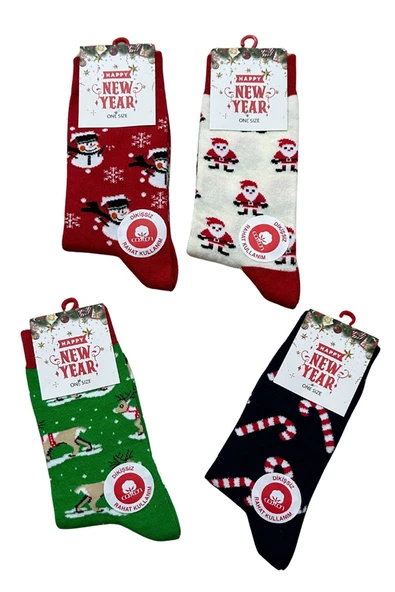 Yılbaşı Temalı Unisex Çorap Seti 4’lü – Noel Baba, Kardan Adam & Şeker Kamışı Desenli | 36-42 - Resim 12