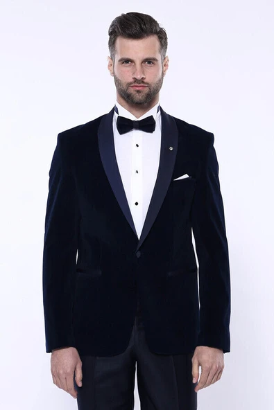 Düz Lacivert Velvet Ceket - Wessi - Resim 8