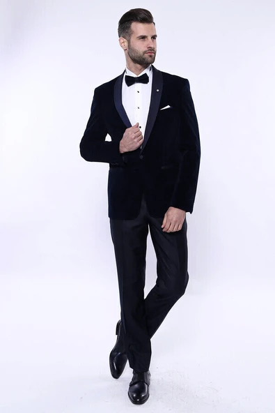 Düz Lacivert Velvet Ceket - Wessi - Resim 3