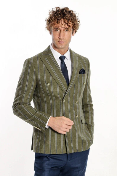 Geniş Yaka Çizgili Kruvaze Yeşil Yün Erkek Ceket - Wessi ürün görseli 1