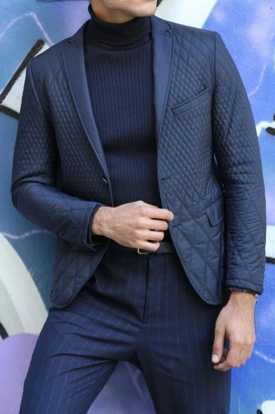 Lacivert Kapitone Ceket - Wessi - Resim 6