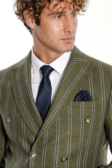 Geniş Yaka Çizgili Kruvaze Yeşil Yün Erkek Ceket - Wessi - Resim 2