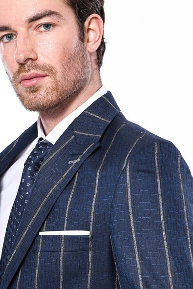 Çizgili Açık Slim Fit Lacivert Erkek Ceket - Wessi - Resim 2
