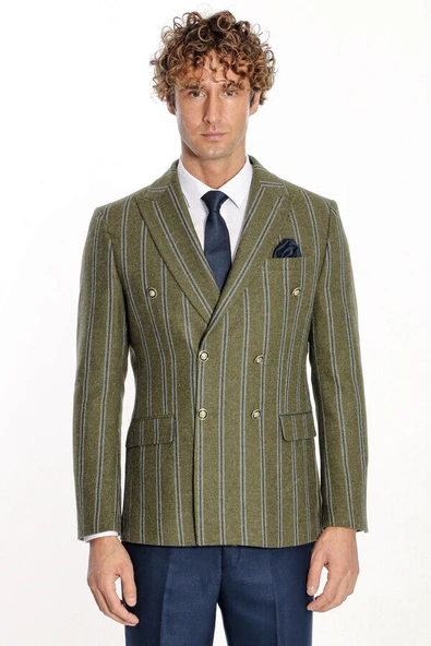 Geniş Yaka Çizgili Kruvaze Yeşil Yün Erkek Ceket - Wessi - Resim 8
