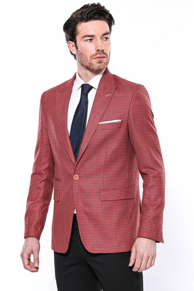 Kendinden Desenli Slim Fit Bordo Ceket - Wessi - Resim 3
