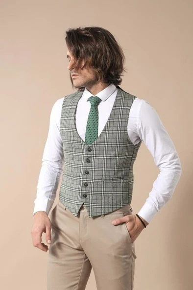 Ekose Haki Ceket Yelek Set - Wessi - Resim 6