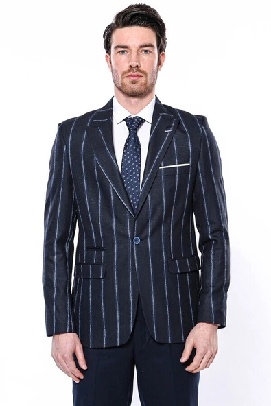 Çizgili Lacivert Slim Fit Ceket | Wessi - Resim 6